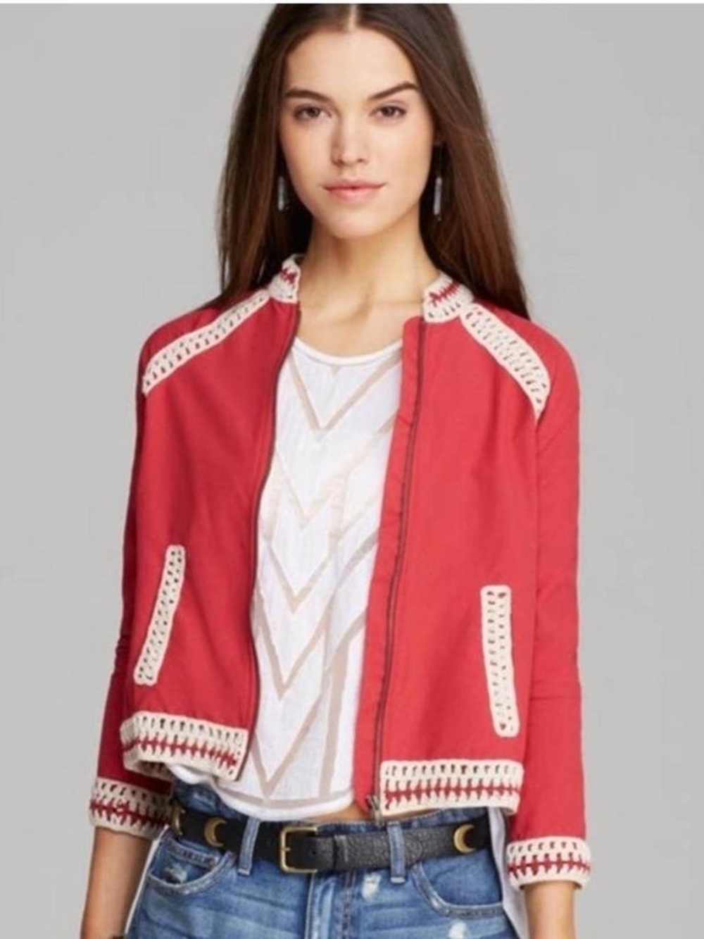 Free People Crochet Inset Baseball Jacket Cherry Red Medium